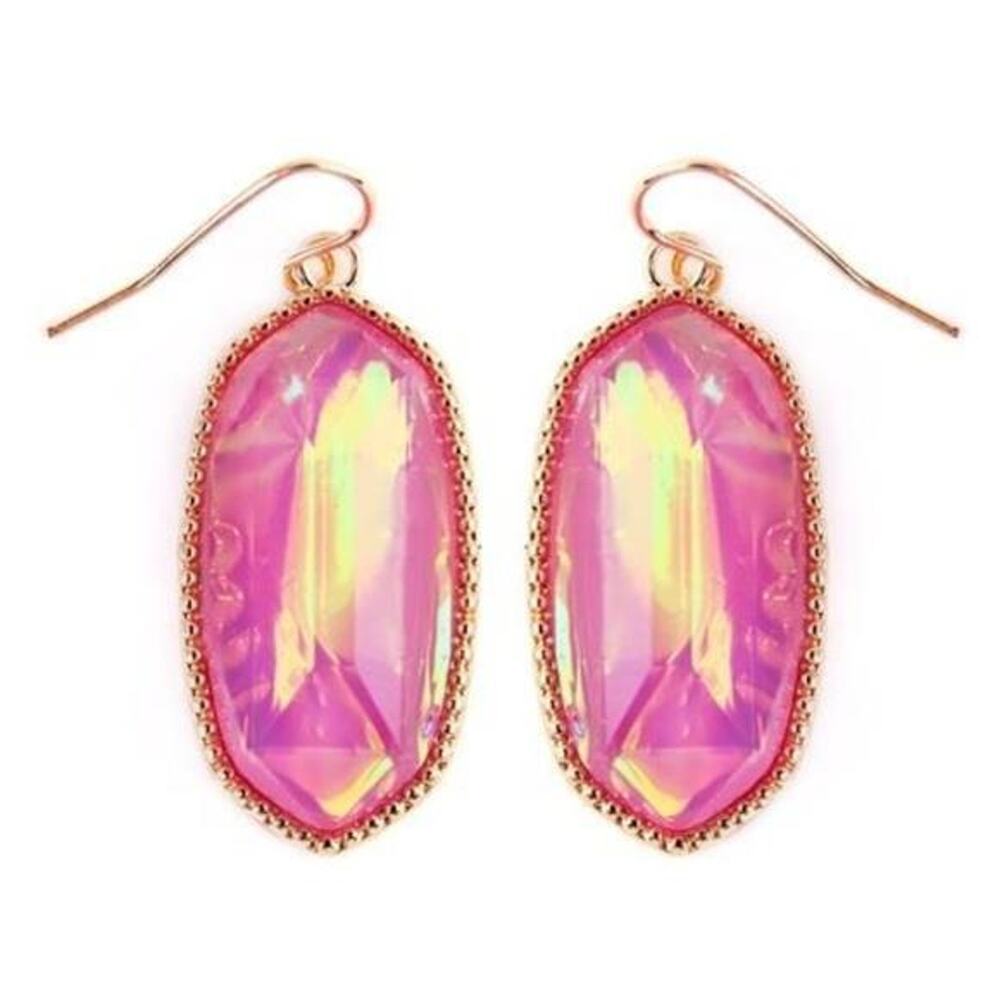 New Boutique Opal Hot Pink Stone Gold Trim Hexagon Dangle Drop Earrings
